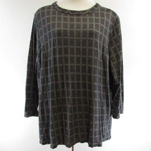 J Jill Wearever Black White Top Sie 4X Crew Neck Long Sleeve Check Plaid Loose